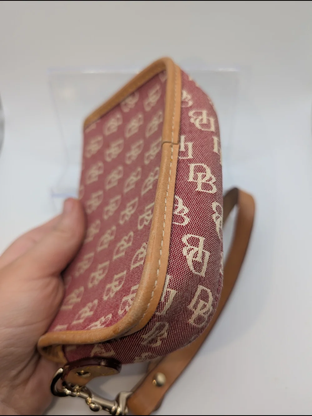 Dooney & Bourke Monogram Red Canvas Wristlet with Tan Leather Trim